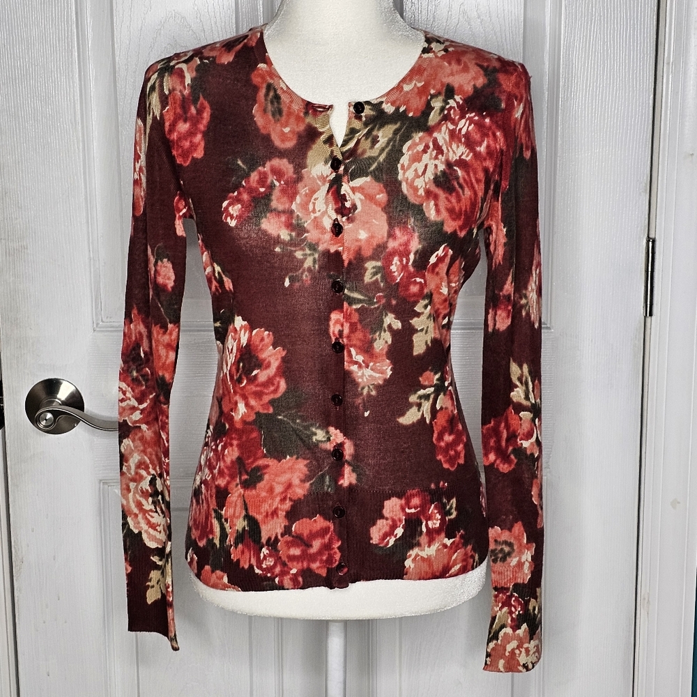Loft Floral Button Down Cardigan Sweater Small
